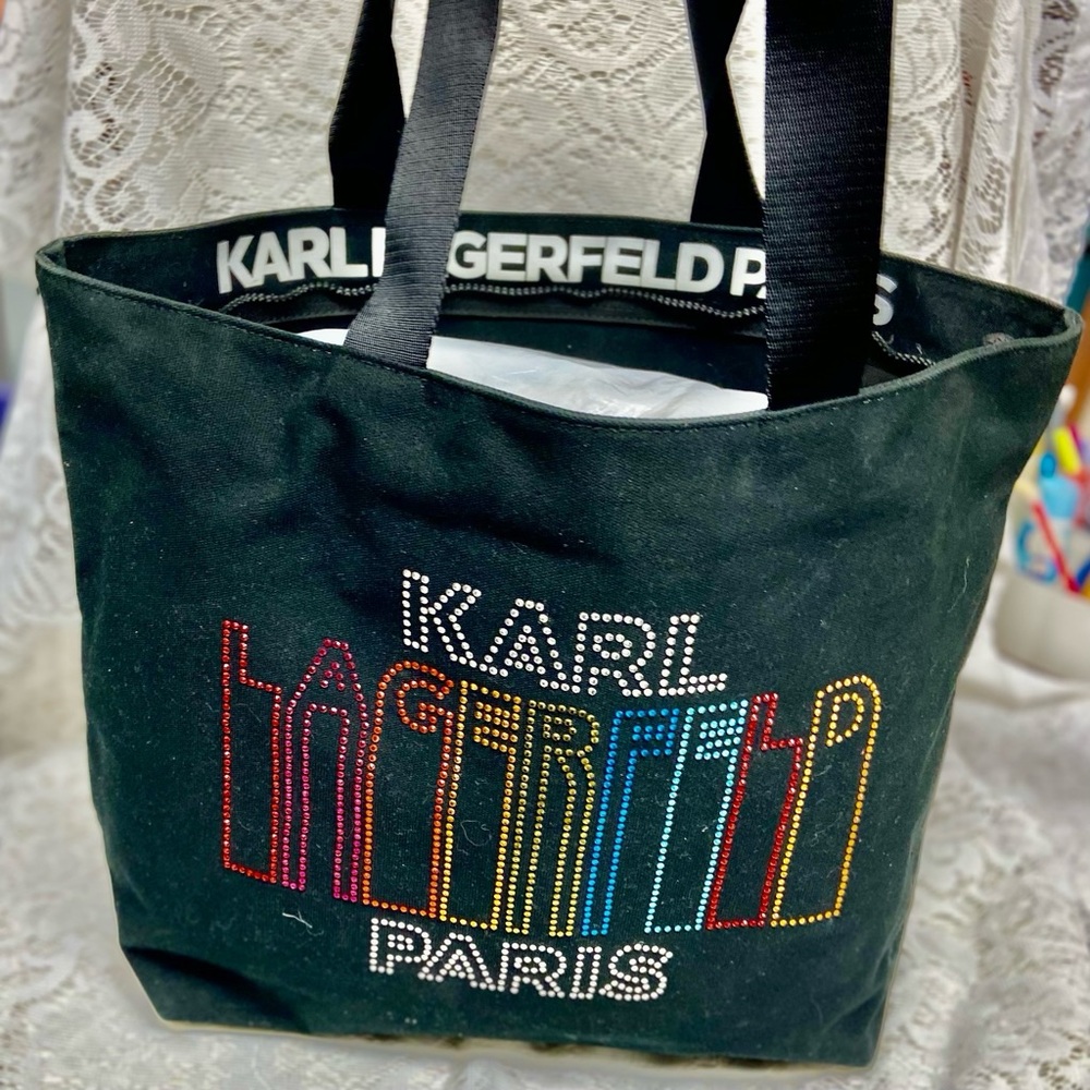 Karl Lagerfeld Black- Multi colored Sequined Handbag Tote 14in x 13in x 6in